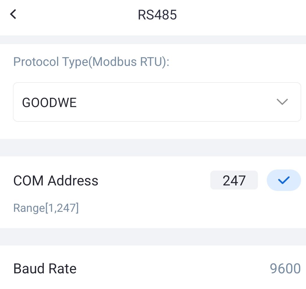 SolarGo screeshot with Modbus settings