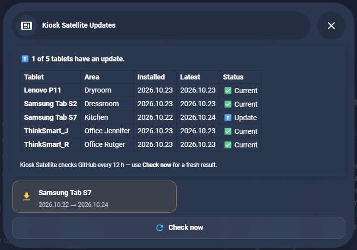 Kiosk Satellite update status popup