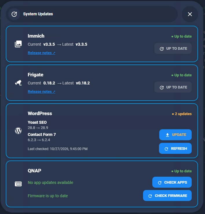 Home Assistant update cards for Immich, Frigate, WordPress and QNAP